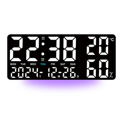 Black Background With White Light Sleek Large LED Digital Wall & Desk Clock - Remote Control, Temperature, Humidity, Dual Alarms, Calendar