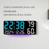 Black Background With Blue and White Light Sleek Large LED Digital Wall & Desk Clock - Remote Control, Temperature, Humidity, Dual Alarms, Calendar - Front View
