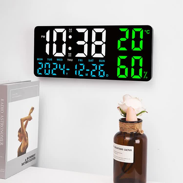 Black Background With Blue and White Light Sleek Large LED Digital Wall & Desk Clock - Remote Control, Temperature, Humidity, Dual Alarms, Calendar