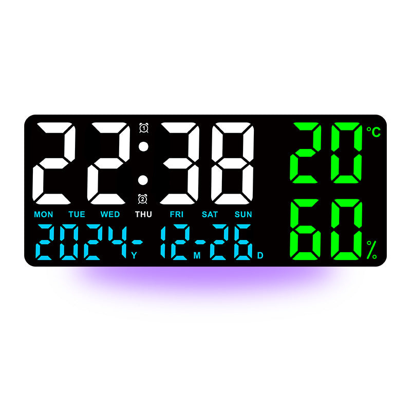 Black Background With Blue,Green and White Light Sleek Large LED Digital Wall & Desk Clock - Remote Control, Temperature, Humidity, Dual Alarms,