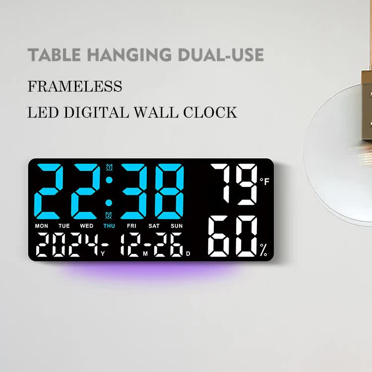 Black Background With Blue,Green and White Light Sleek Large LED Digital Wall & Desk Clock - Remote Control, Temperature, Humidity, Dual Alarms, Calendar