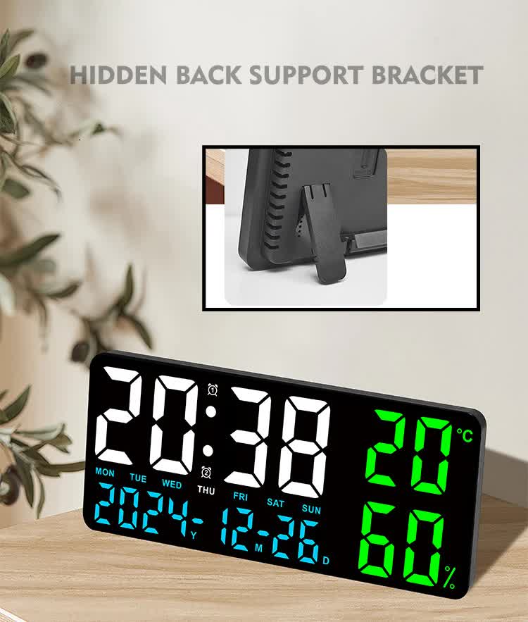Black Background With Blue,Green and White Light Sleek Large LED Digital Wall & Desk Clock - Remote Control, Temperature, Humidity, Dual Alarms,