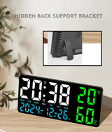 Black Background With Blue,Green and White Light Sleek Large LED Digital Wall & Desk Clock - Remote Control, Temperature, Humidity, Dual Alarms, Calendar - Top-Down View