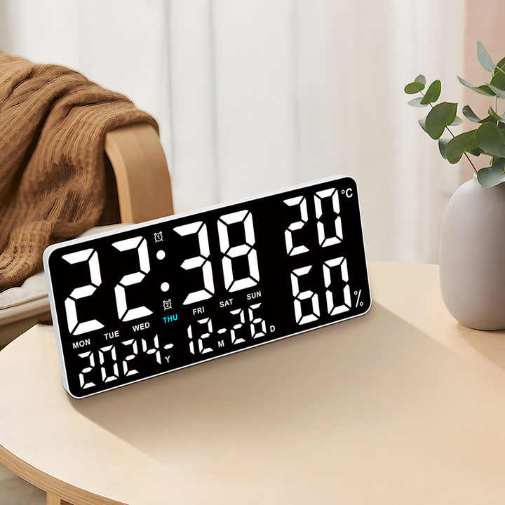 Black Background With Blue,Green and White Light Sleek Large LED Digital Wall & Desk Clock - Remote Control, Temperature, Humidity, Dual Alarms,