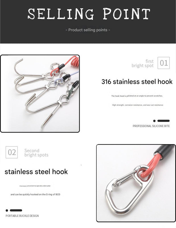 Red Pro 316 Stainless Steel Diving Reef Hook - Single, Double Combo Pack - Current Hook with Coiled Safety Lanyard