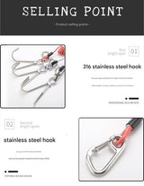 Red Pro 316 Stainless Steel Diving Reef Hook - Single, Double Combo Pack - Current Hook with Coiled Safety Lanyard - Rear View