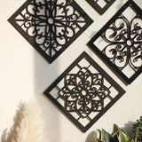Black Set of 4 Intricate Black Wooden Wall Art Panels - Diamond Mandala Style Home Decor Plaques - Side View