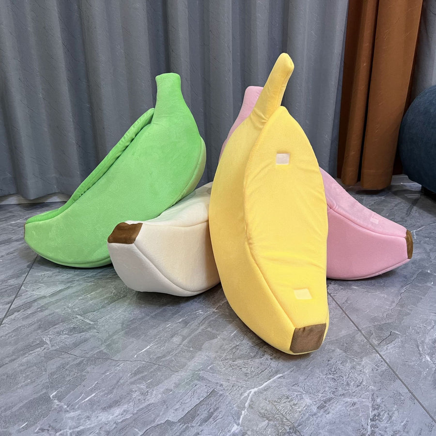 Yellow Cozy Banana Peel Pet Bed - Plush & Warm Cave House for Cats & Small Dogs (Large)