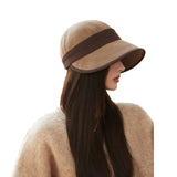 Brown Elegant Warm Bucket Hat - Minimalist Color Block Design, Face-Slimming Style for Autumn & Winter - Front View