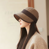Brown Elegant Warm Bucket Hat - Minimalist Color Block Design, Face-Slimming Style for Autumn & Winter - Side View