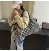 Dark Blue Stylish Geometric Pattern Travel Duffel Bag - Large Capacity Lightweight Weekender & Gym Bag - Front View
