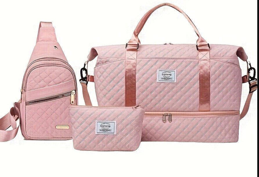 Pink Chic 3-Piece Quilted Travel Bag Set - Duffel, Crossbody Sling & Toiletry Pouch - Large Capacity & Lightweight