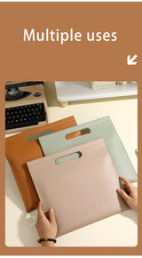 Beige Professional A4 PU Leather Document Bag - Waterproof Handheld File Folder Portfolio for Business & Conference - Close-Up Angle