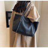 Black Chic Woven PU Leather Tote Bag - Large Capacity Casual Shoulder & Handbag for Women - Side View