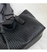 Black Chic Woven PU Leather Tote Bag - Large Capacity Casual Shoulder & Handbag for Women