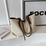 Beige and Brown Chic Woven PU Leather Tote Bag - Large Capacity Casual Shoulder & Handbag for Women