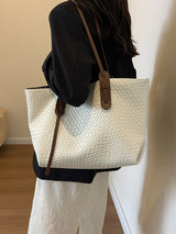 Beige and Brown Chic Woven PU Leather Tote Bag - Large Capacity Casual Shoulder & Handbag for Women - Front View
