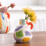 Colorful Charming Hand-Painted Ceramic Vase - Colourful Striped Jug Style Decorative Accent - Side View