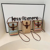 Colorful Boho Chic Woven Straw Crossbody Bag - Colourful Striped Mini Phone Pouch with Toggle Closure - Front View