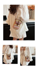 Colorful Boho Chic Woven Straw Crossbody Bag - Colourful Striped Mini Phone Pouch with Toggle Closure - Rear View