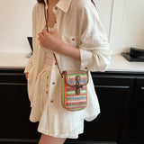 Blue And Khaki Boho Chic Woven Straw Crossbody Bag - Colourful Striped Mini Phone Pouch with Toggle Closure - Side View