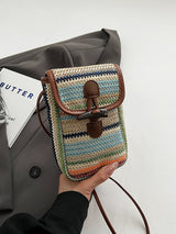 Blue And Khaki Boho Chic Woven Straw Crossbody Bag - Colourful Striped Mini Phone Pouch with Toggle Closure