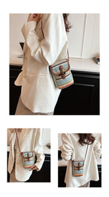 Khaki Boho Chic Woven Straw Crossbody Bag - Colourful Striped Mini Phone Pouch with Toggle Closure - 45-Degree Angle