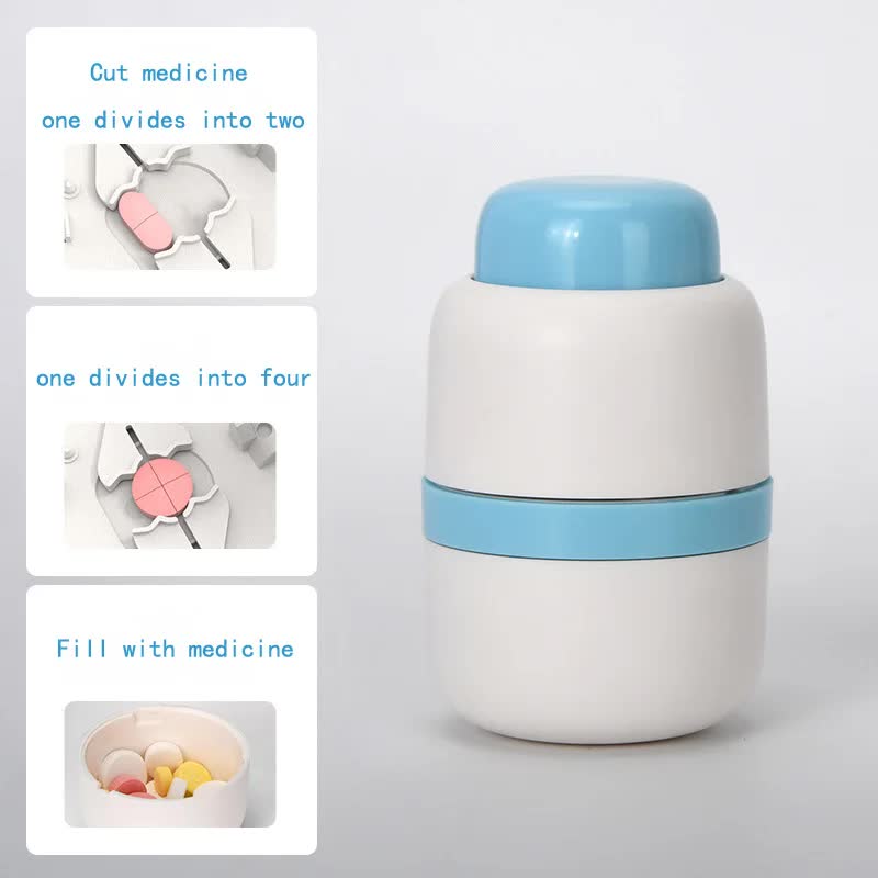 White And Blue 3-in-1 Pill Cutter Crusher & Storage Box - Portable Tablet Splitter Grinder for Precise Dosing
