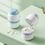 White And Blue 3-in-1 Pill Cutter Crusher & Storage Box - Portable Tablet Splitter Grinder for Precise Dosing - 45-Degree Angle