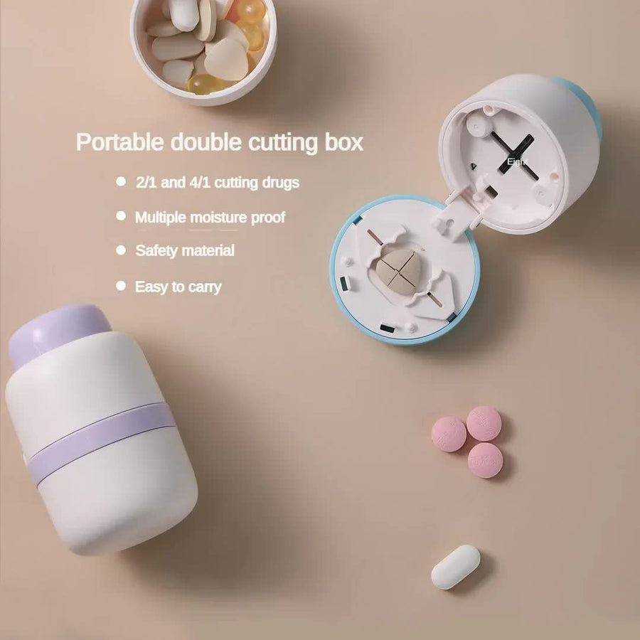 White And Blue 3-in-1 Pill Cutter Crusher & Storage Box - Portable Tablet Splitter Grinder for Precise Dosing