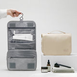 Beige Eco-Friendly RPET Hanging Toiletry Bag - Large Capacity Waterproof Travel Makeup Organizer - Side View