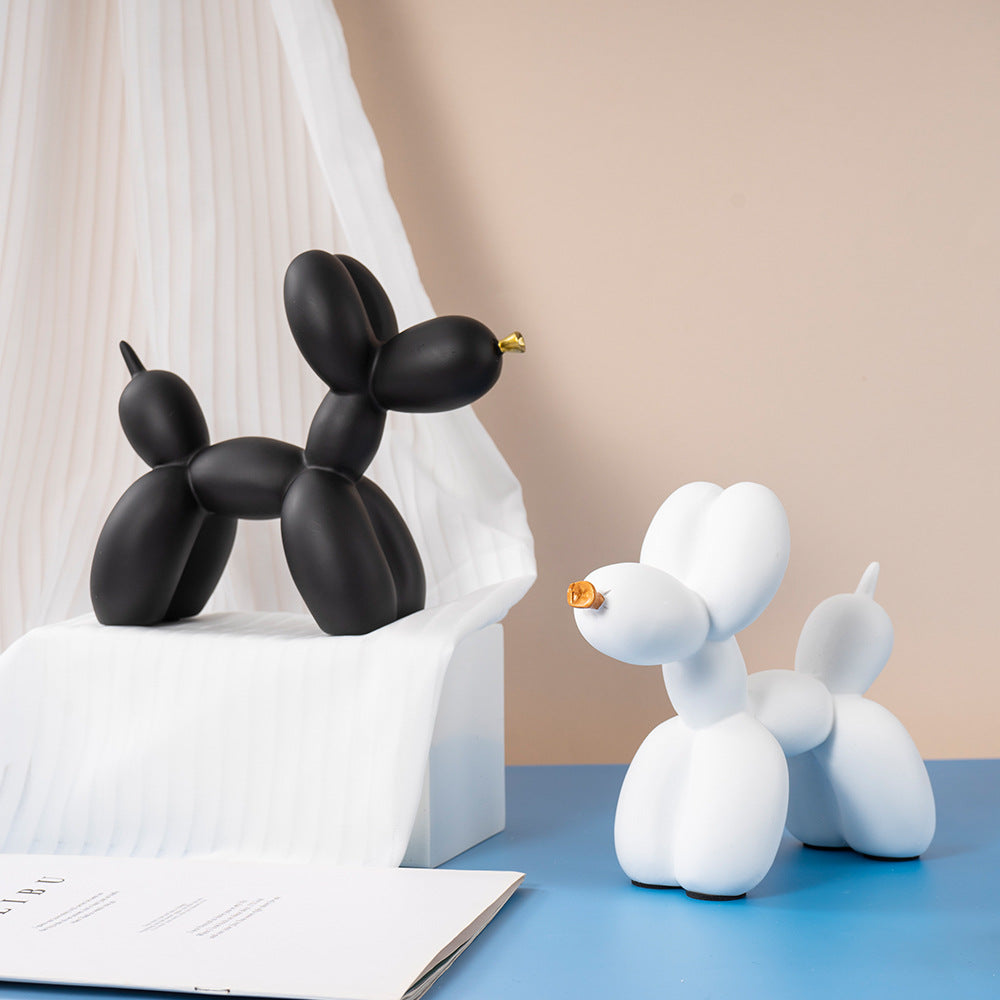 Black Modern Resin Balloon Dog Sculpture - Playful Art Figurine with Golden Snout Accent