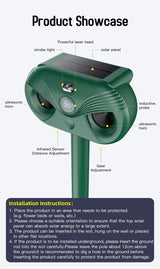 Black Advanced Solar Powered Ultrasonic Animal Repeller - Outdoor Pest Deterrent with Motion Sensor, Strobe Light & Laser - Close-Up Angle