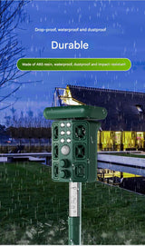 Green Solar Powered Ultrasonic Animal Repeller - Multi-Frequency Pest Deterrent with Motion Sensor, LED Strobe & Illumination Light - 45-Degree Angle