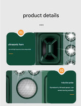 Green Solar Powered Ultrasonic Animal Repeller - Multi-Frequency Pest Deterrent with Motion Sensor, LED Strobe & Illumination Light - Close-Up Angle