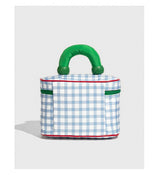 Blue And Green Chic Gingham Plaid Cosmetic Bag - Large Capacity Portable Travel Toiletry Organizer, Water-Resistant - Side View