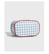 Blue And Green Chic Gingham Plaid Cosmetic Bag - Large Capacity Portable Travel Toiletry Organizer, Water-Resistant - Top-Down View