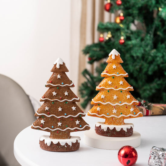 2 Pcs (1 Yellow  1 Brown) Charming Gingerbread Christmas Tree Figurine - Festive Resin Holiday Table Decor Ornament