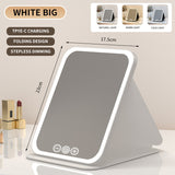 White Large Foldable LED Makeup Mirror - Portable Desktop Vanity with 3 Color Lights, Stepless Dimming & Adjustable Stand
