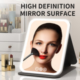 White Large Foldable LED Makeup Mirror - Portable Desktop Vanity with 3 Color Lights, Stepless Dimming & Adjustable Stand - Front View