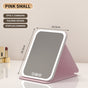 Pink Small Foldable LED Makeup Mirror - Portable Desktop Vanity with 3 Color Lights, Stepless Dimming & Adjustable Stand