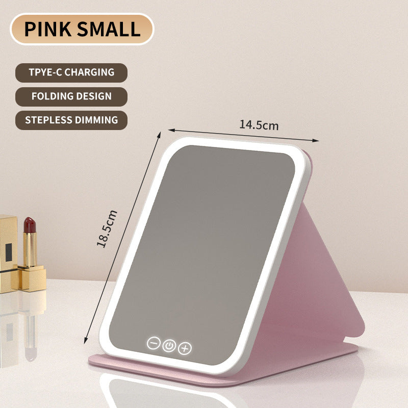 Pink Small Foldable LED Makeup Mirror - Portable Desktop Vanity with 3 Color Lights, Stepless Dimming & Adjustable Stand