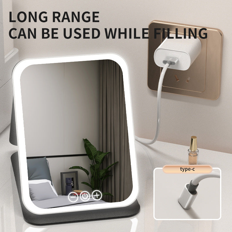 White Small Foldable LED Makeup Mirror - Portable Desktop Vanity with 3 Color Lights, Stepless Dimming & Adjustable Stand