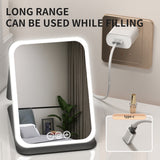 White Small Foldable LED Makeup Mirror - Portable Desktop Vanity with 3 Color Lights, Stepless Dimming & Adjustable Stand - Side View