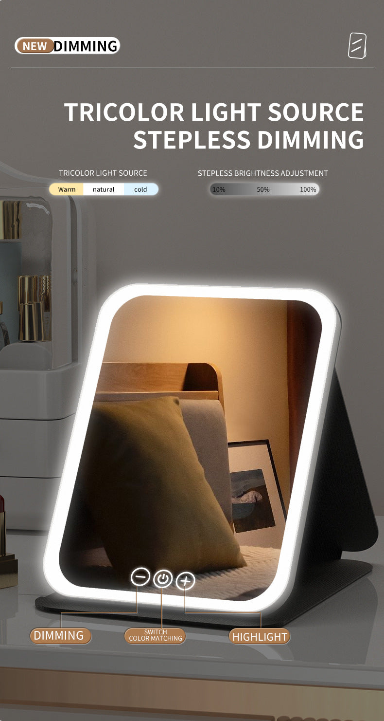 White Small Foldable LED Makeup Mirror - Portable Desktop Vanity with 3 Color Lights, Stepless Dimming & Adjustable Stand