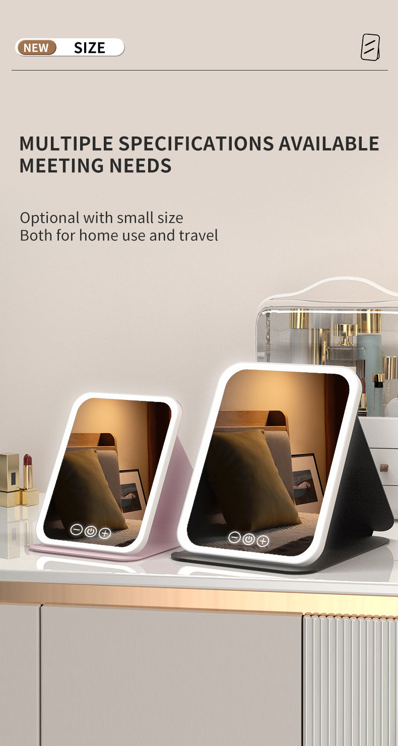 White Small Foldable LED Makeup Mirror - Portable Desktop Vanity with 3 Color Lights, Stepless Dimming & Adjustable Stand