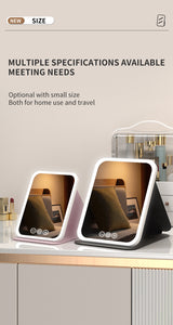 White Small Foldable LED Makeup Mirror - Portable Desktop Vanity with 3 Color Lights, Stepless Dimming & Adjustable Stand - Close-Up Angle