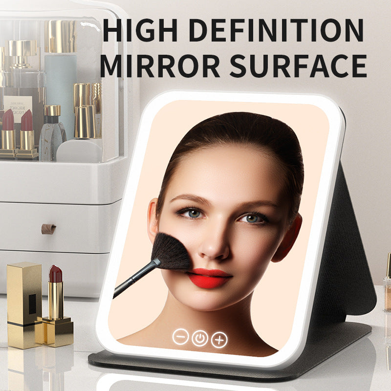 Black Small Foldable LED Makeup Mirror - Portable Desktop Vanity with 3 Color Lights, Stepless Dimming & Adjustable Stand