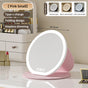 Pink Small Round Foldable LED Makeup Mirror - 18.5cm Desktop Vanity with 3 Color Lights & Stepless Dimming