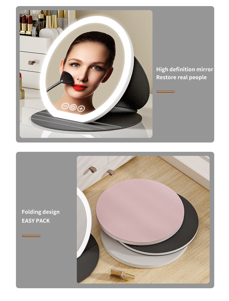 Pink Small Round Foldable LED Makeup Mirror - 18.5cm Desktop Vanity with 3 Color Lights & Stepless Dimming